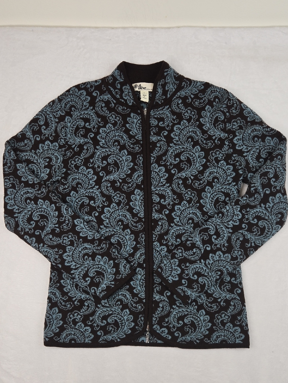 Neve Designs 100% Wool Full Zip Brown & Blue Knit Cardigan Sweater Size L